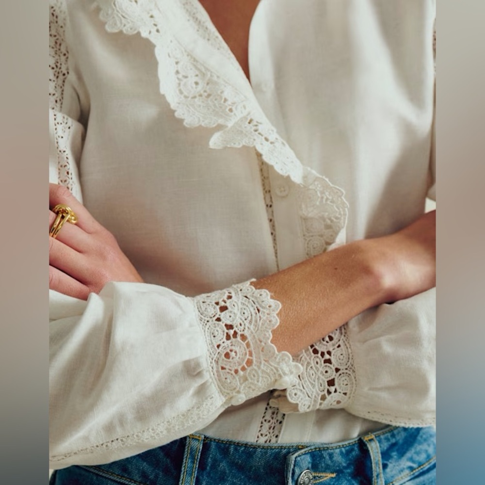 Sezane Chlo Ecru Crochet Shirt Blouse - Picture 2 of 6